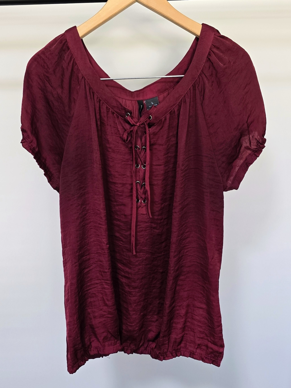 New Directions Burgundy Lace-Up Peasant Top